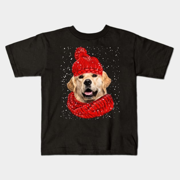 Golden Retriever Wearing Red Hat And Scarf Christmas Kids T-Shirt by Tagliarini Kristi